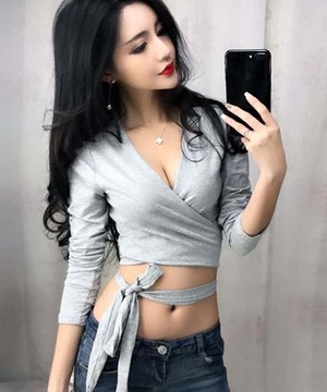 韓版純棉性感V領低胸露腰綁帶短版上衣(2色)