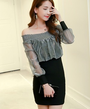 韓版性感一字領透視包臀連身裙(3色)