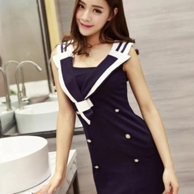 性感角色海軍風排扣包臀連身裙