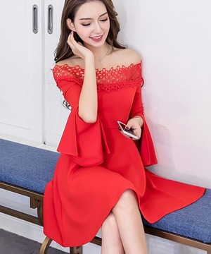 韓版簍空一字領喇叭袖A字連身裙(3色)