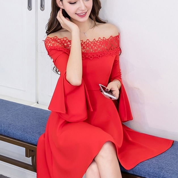 韓版簍空一字領喇叭袖A字連身裙(3色)