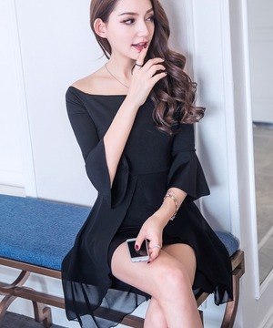 韓版一字領雪紡拼接顯瘦包臀連身裙