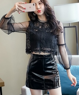 時尚網紗短版上衣露腰皮裙兩件套裝