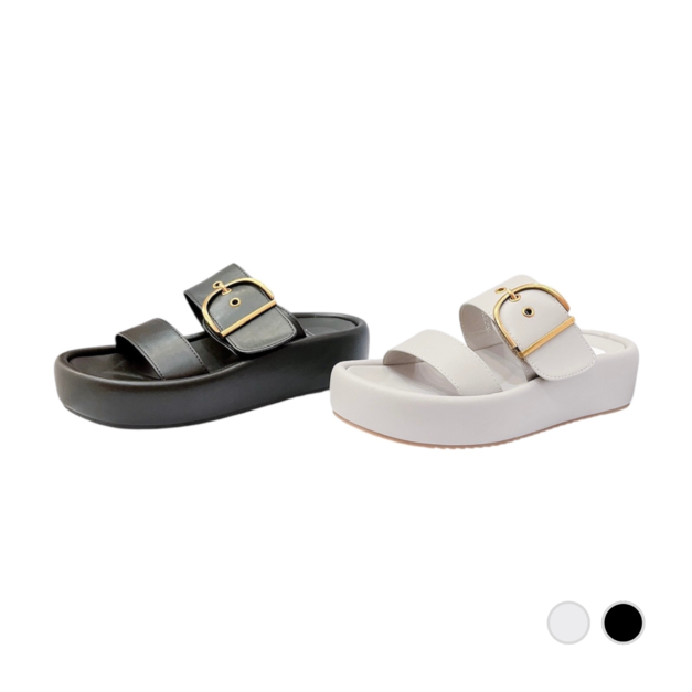 輕量皮革飾釦厚底拖鞋  淺灰/黑