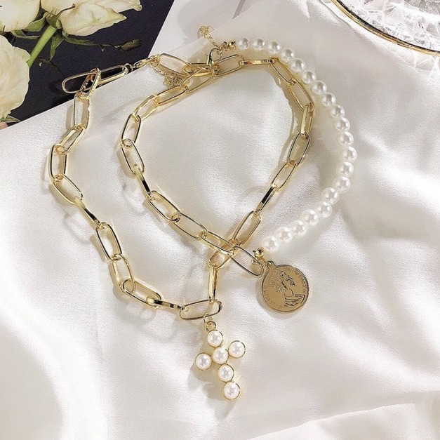 珍珠十字架金幣項鍊