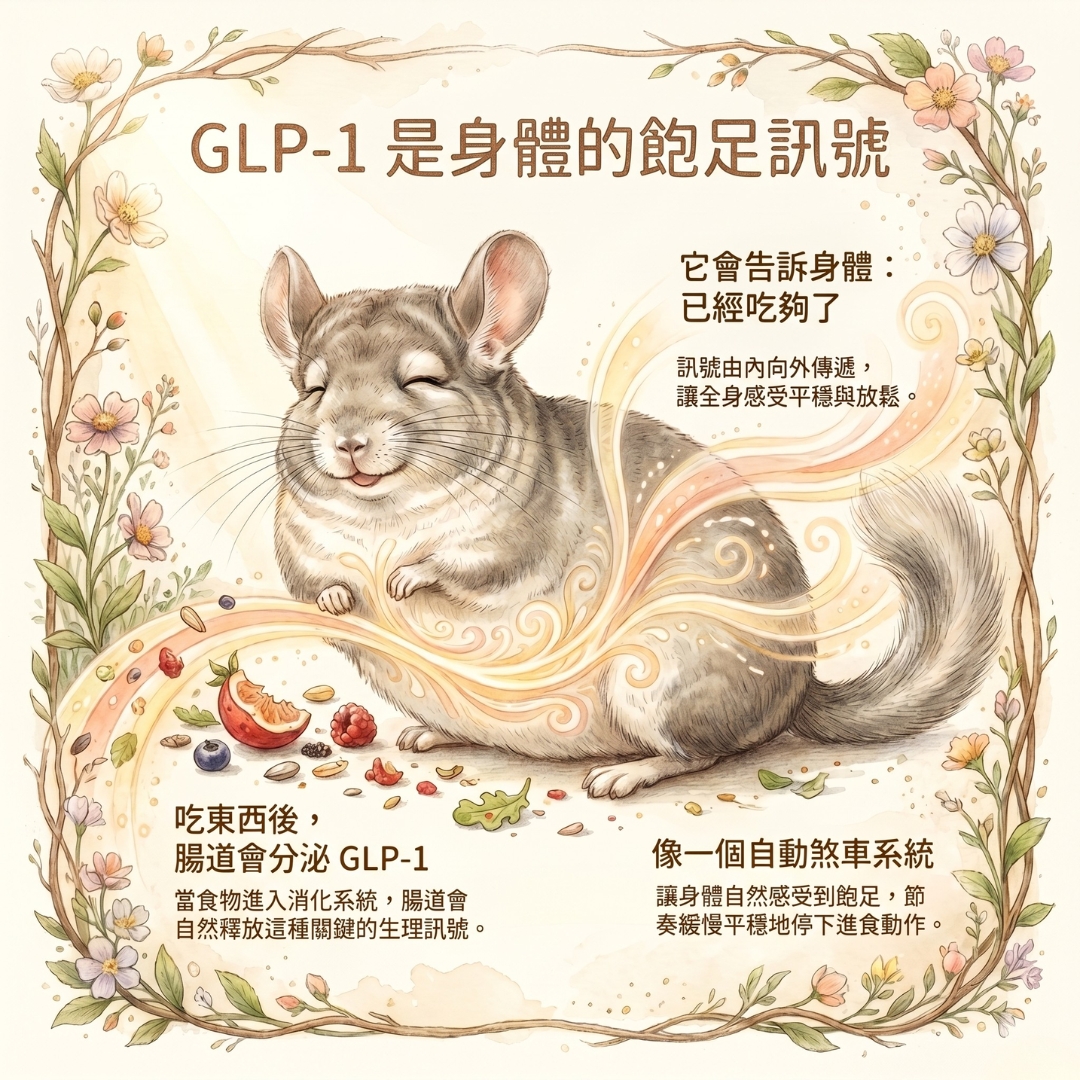 GLP-1是身體的飽足訊號，吃東西後腸道會分泌GLP-1