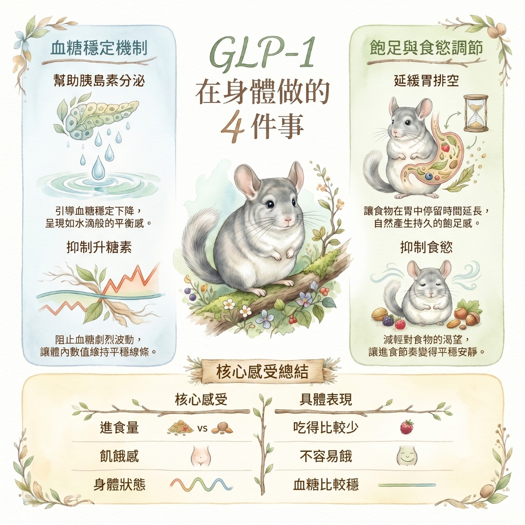 GLP-1在身體做的4件事，包括幫助胰島素分泌、抑制升糖素、延緩胃排空、抑制食慾