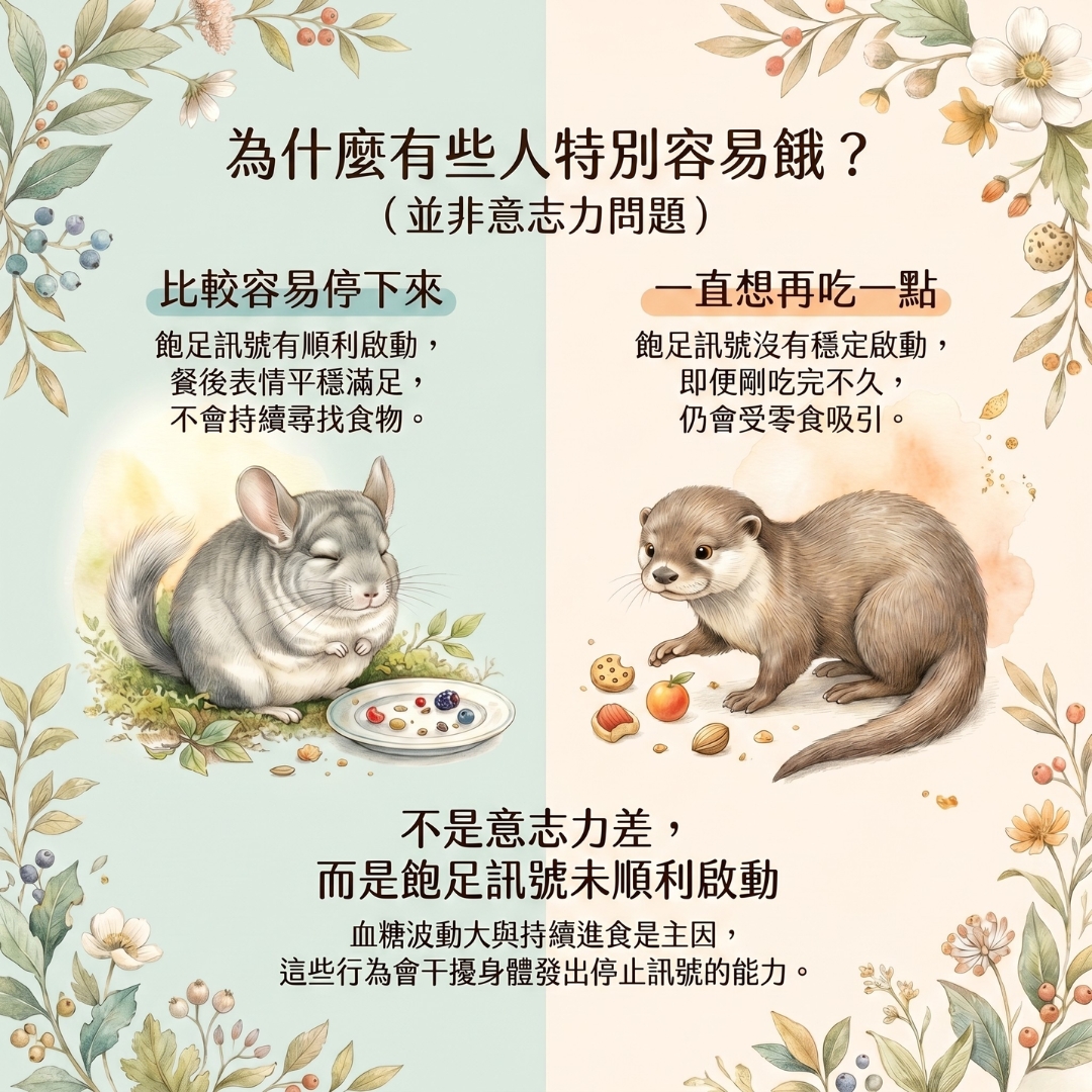 為什麼有些人特別容易餓，並非意志力問題，而是飽足訊號沒有順利啟動的對比插圖