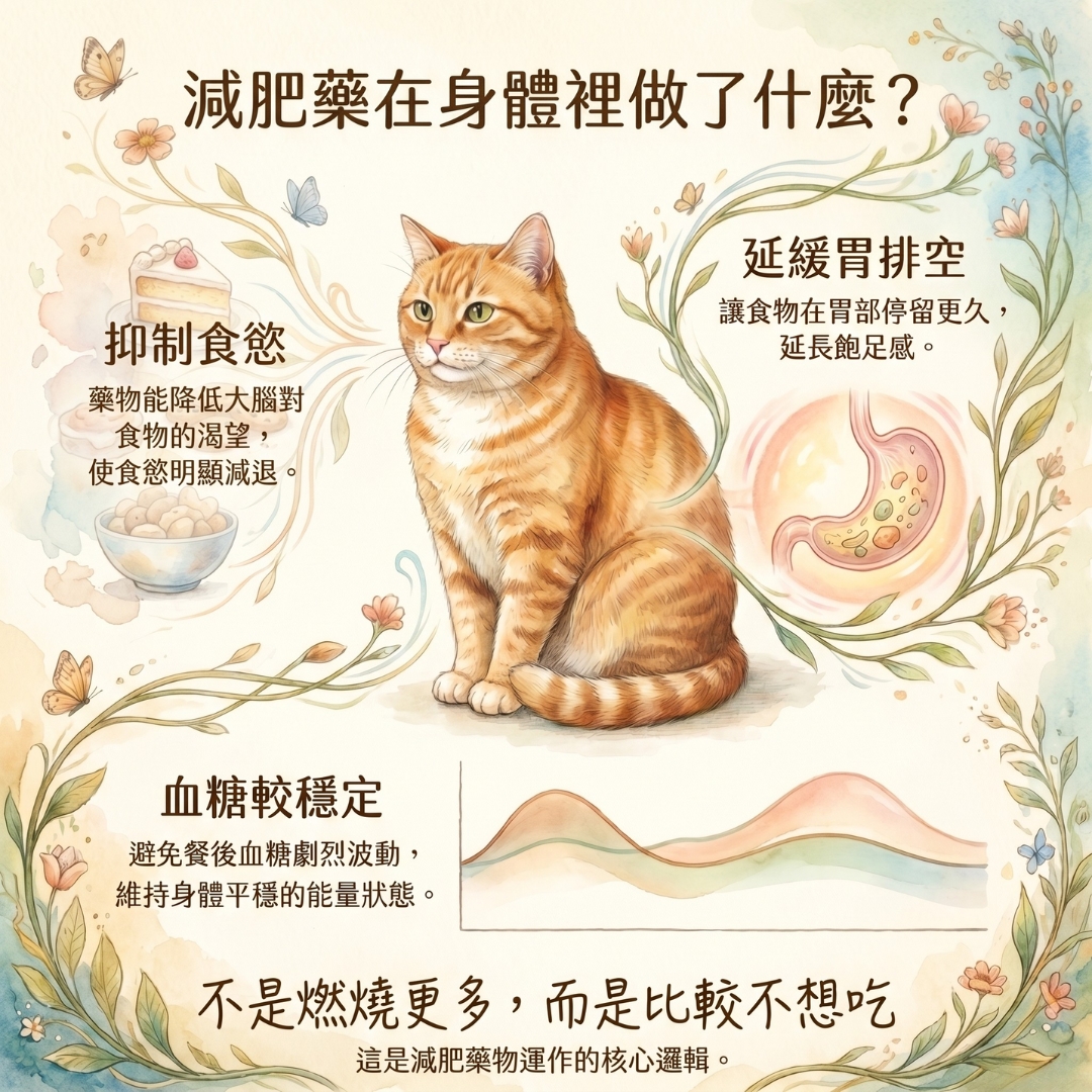 減肥藥主要透過抑制食慾、延緩胃排空與穩定血糖來影響進食行為