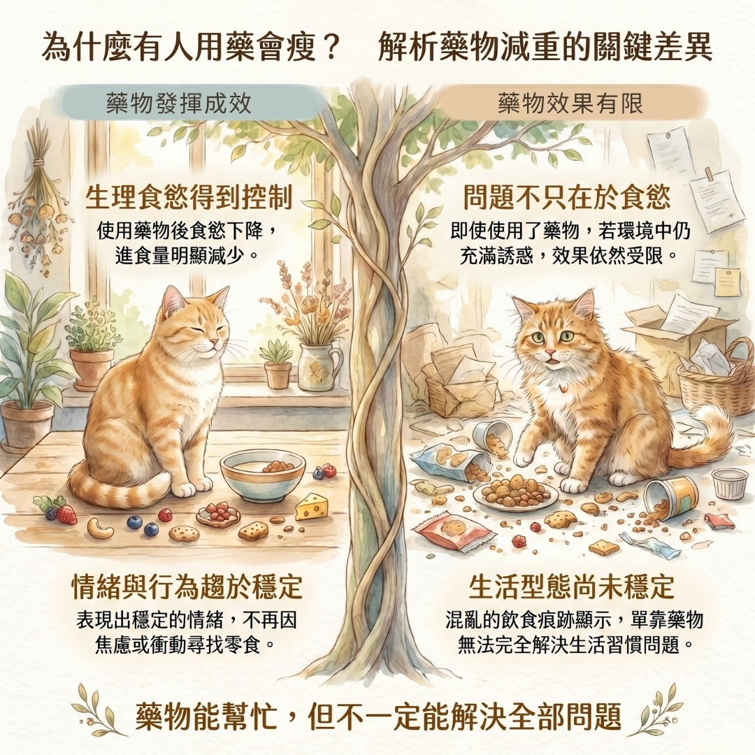 有人用藥後進食變穩定，有人因生活型態與環境問題仍然效果有限的對比插圖