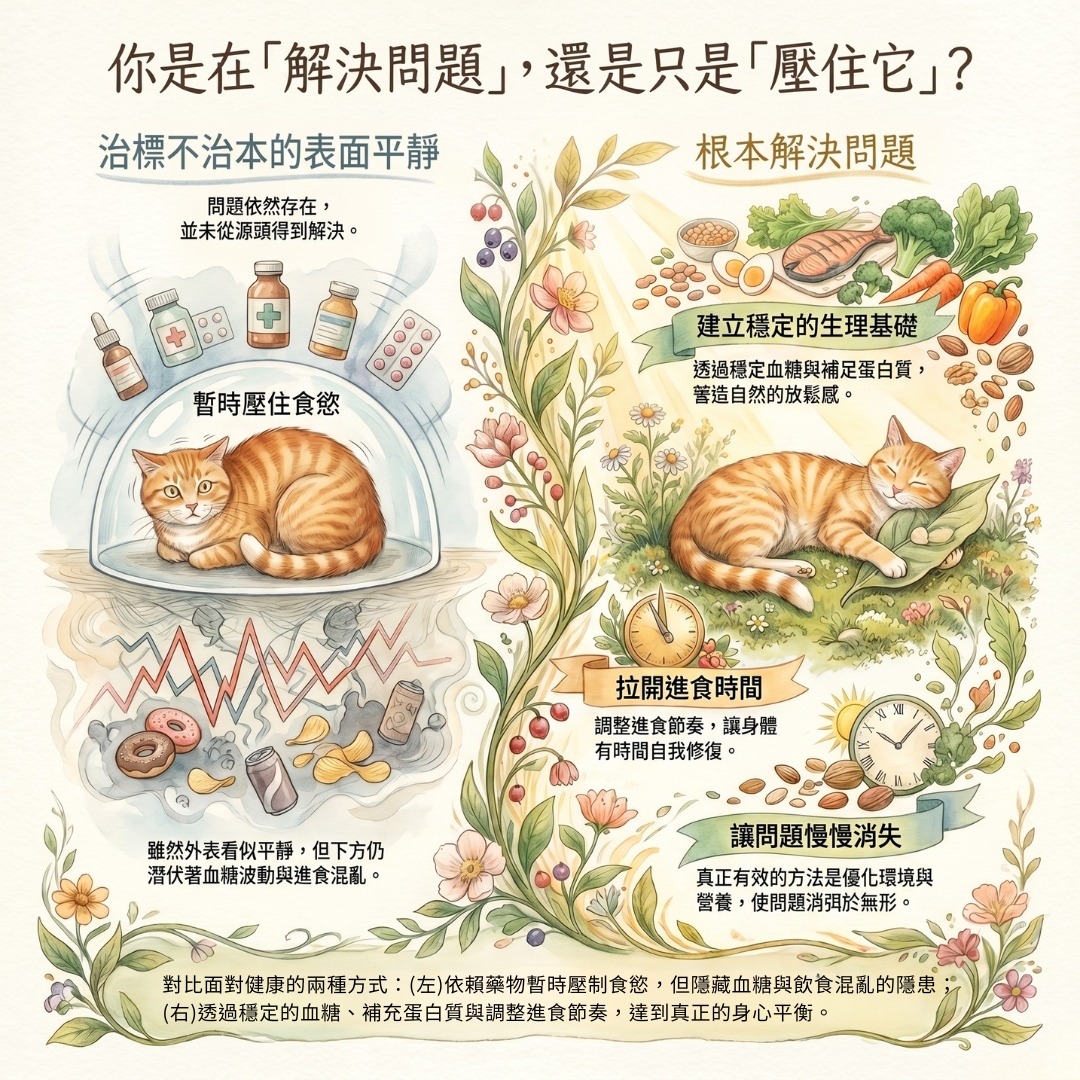 左側用藥暫時壓住食慾，右側透過穩定血糖與飲食節奏從根本解決問題的對比插圖