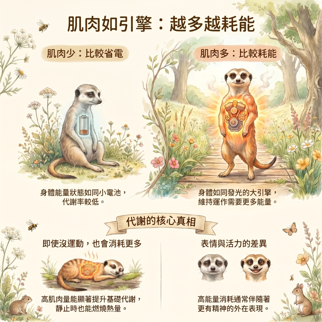 肌肉如引擎：肌肉越多，身體越容易消耗能量