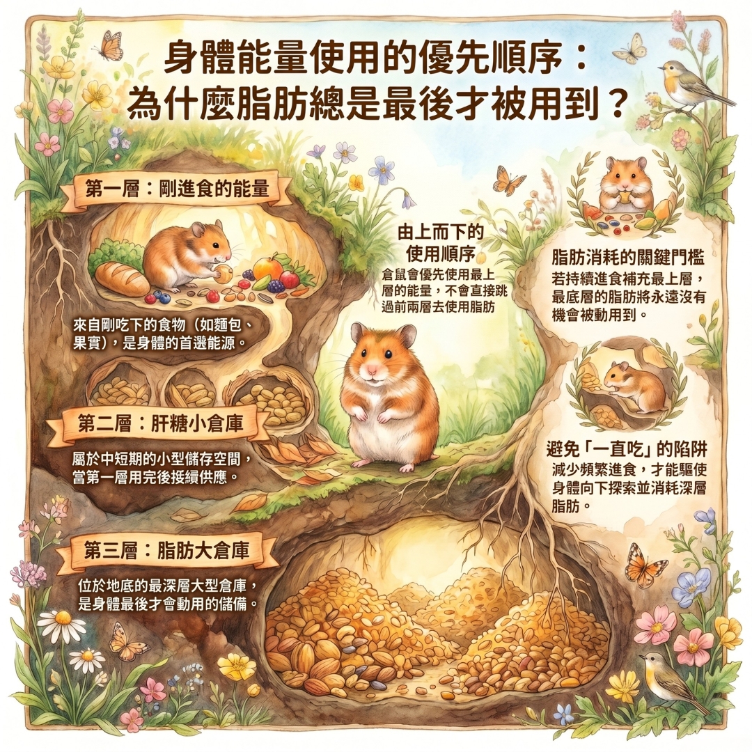 身體使用能量的優先順序示意，先用剛進食能量，再用肝糖，最後才是脂肪