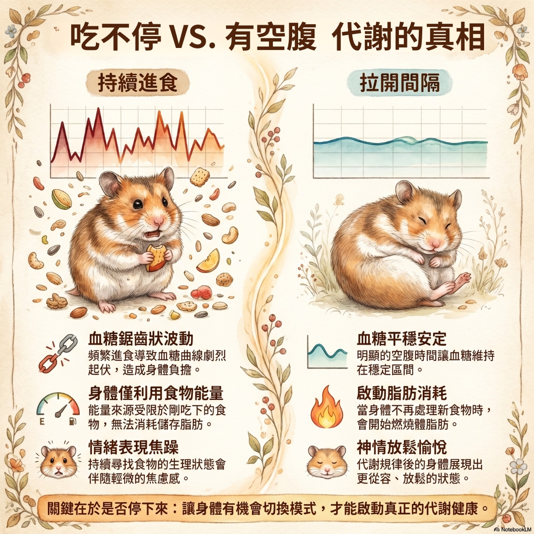 持續進食與拉開進食間隔的代謝差異比較，包含血糖波動與身體狀態變化