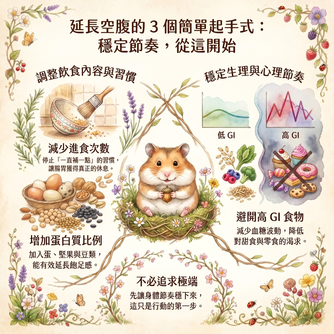 延長空腹的三個簡單做法，包括減少進食次數、增加蛋白質與避開高GI食物