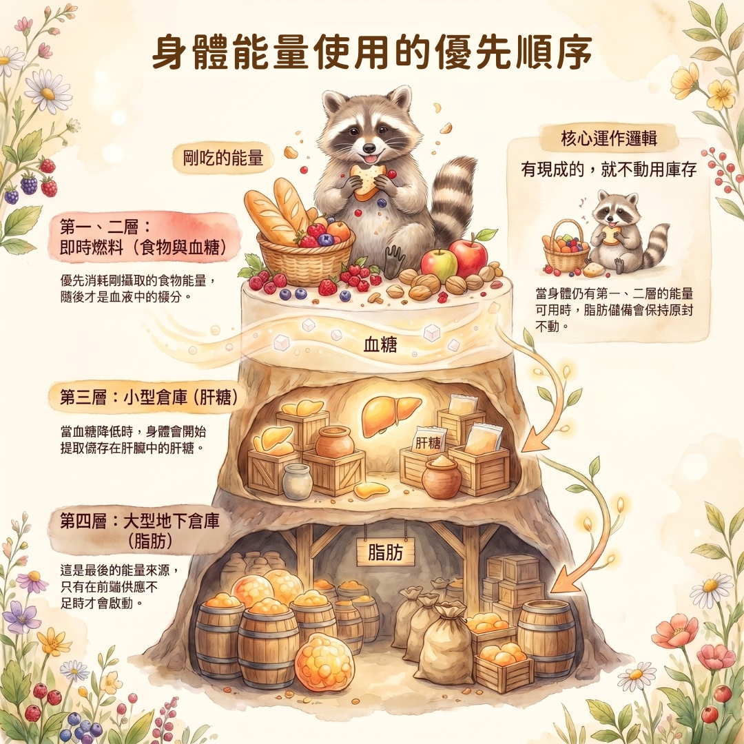 身體能量使用的優先順序：食物、血糖、肝醣、脂肪