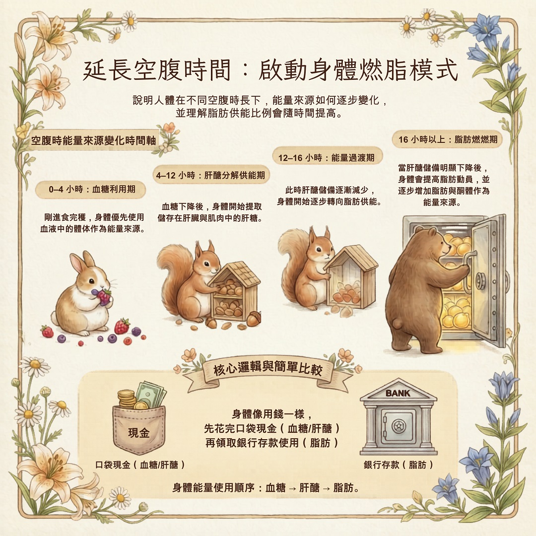 空腹時間與脂肪使用示意圖