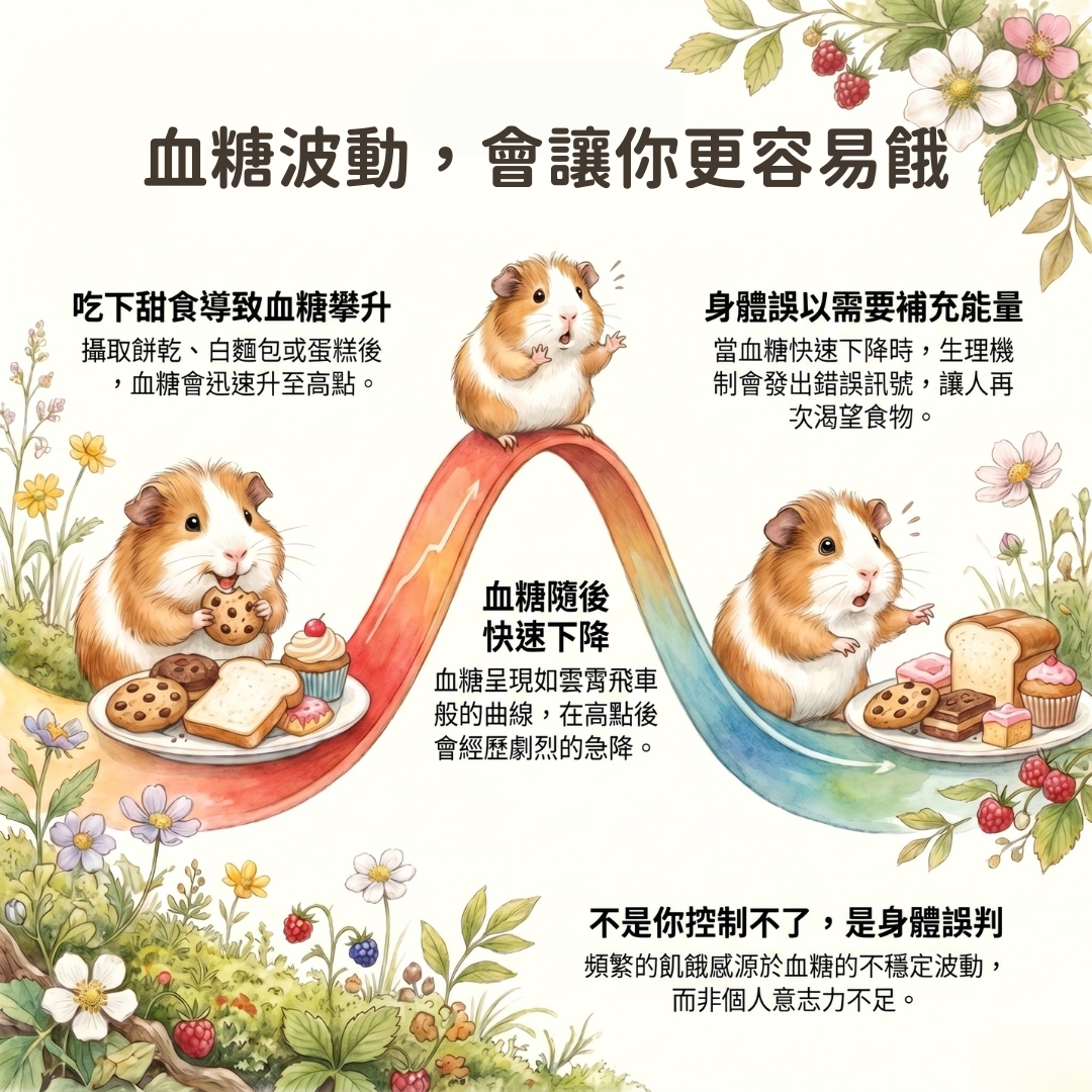 血糖像雲霄飛車一樣快速上升又下降，讓人更容易餓