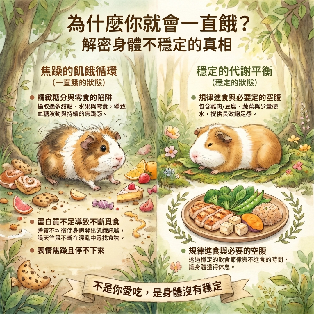 身體不穩定時一直餓，穩定時比較平靜的對比