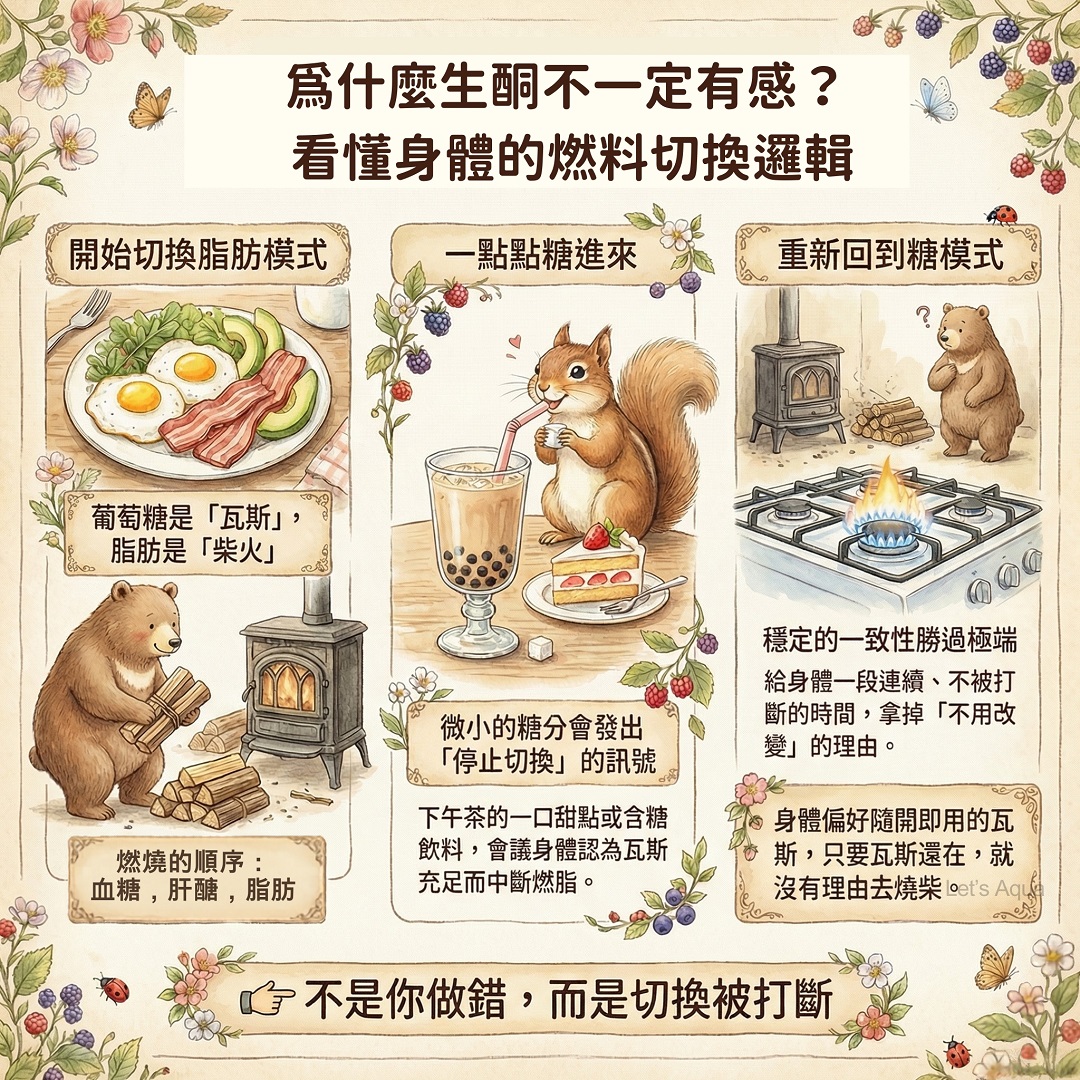 習慣飲食與生酮飲食的能量來源對比圖，說明瓦斯與柴火的差異