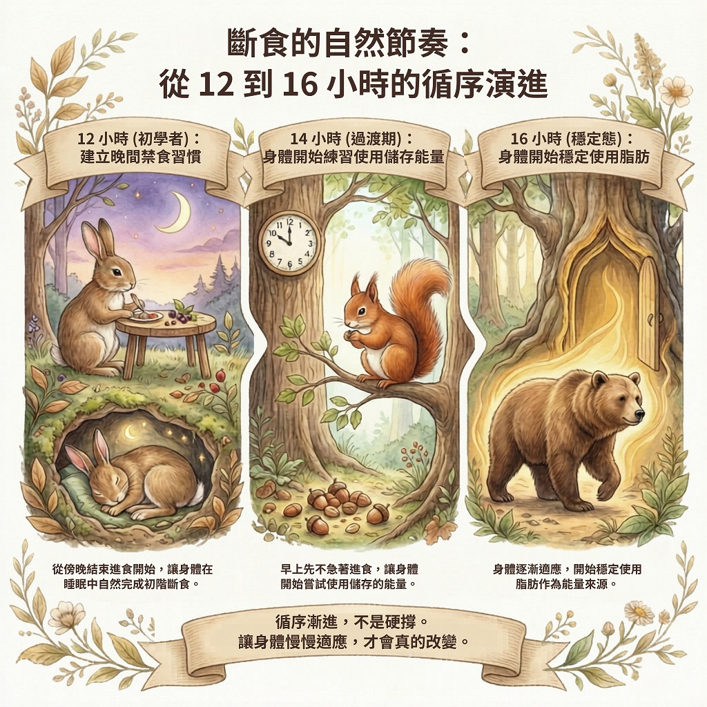 斷食的自然節奏，從12到16小時的循序演進