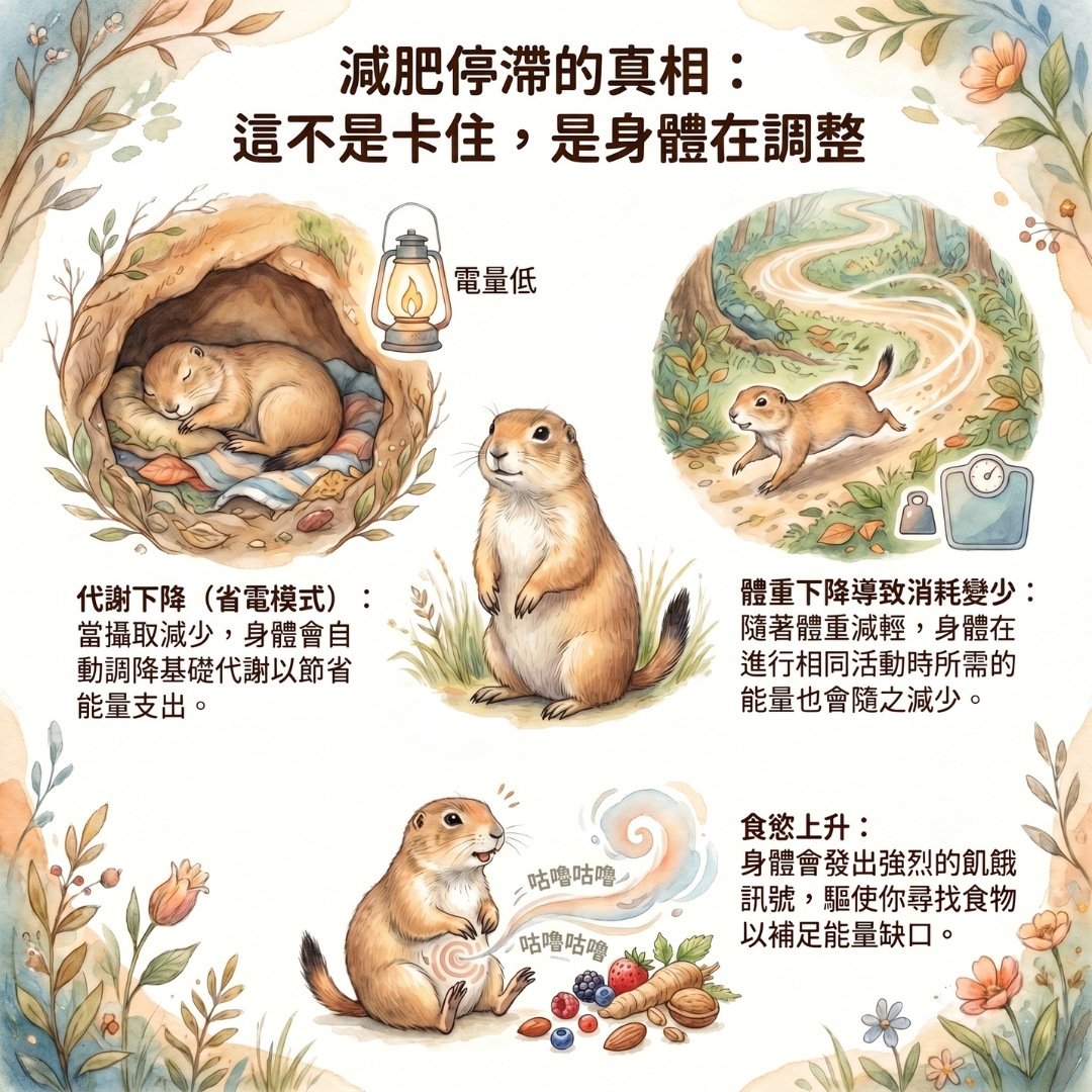 左邊是一直壓抑飲食造成混亂血糖反應，右邊是調整節奏後較穩定的飲食與血糖曲線