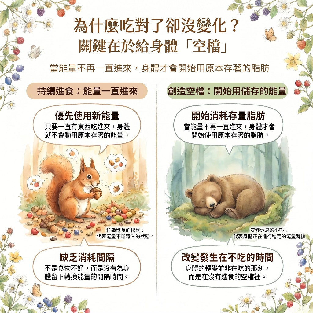 低GI讓能量更穩，但進食間隔才決定身體有沒有機會動用儲存能量