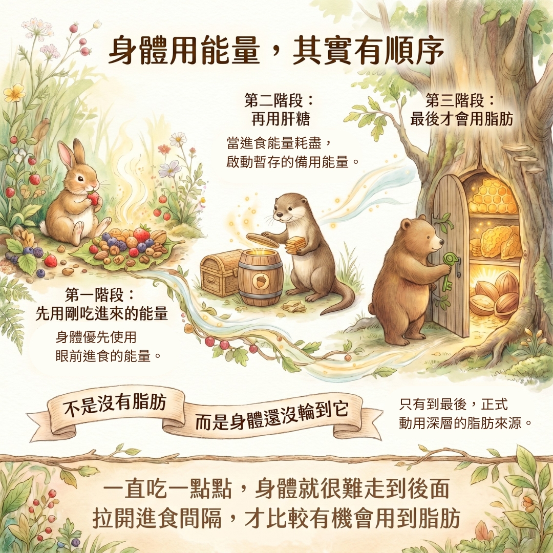 身體使用能量有順序，先用剛吃進來的能量，再用肝糖，最後才用脂肪