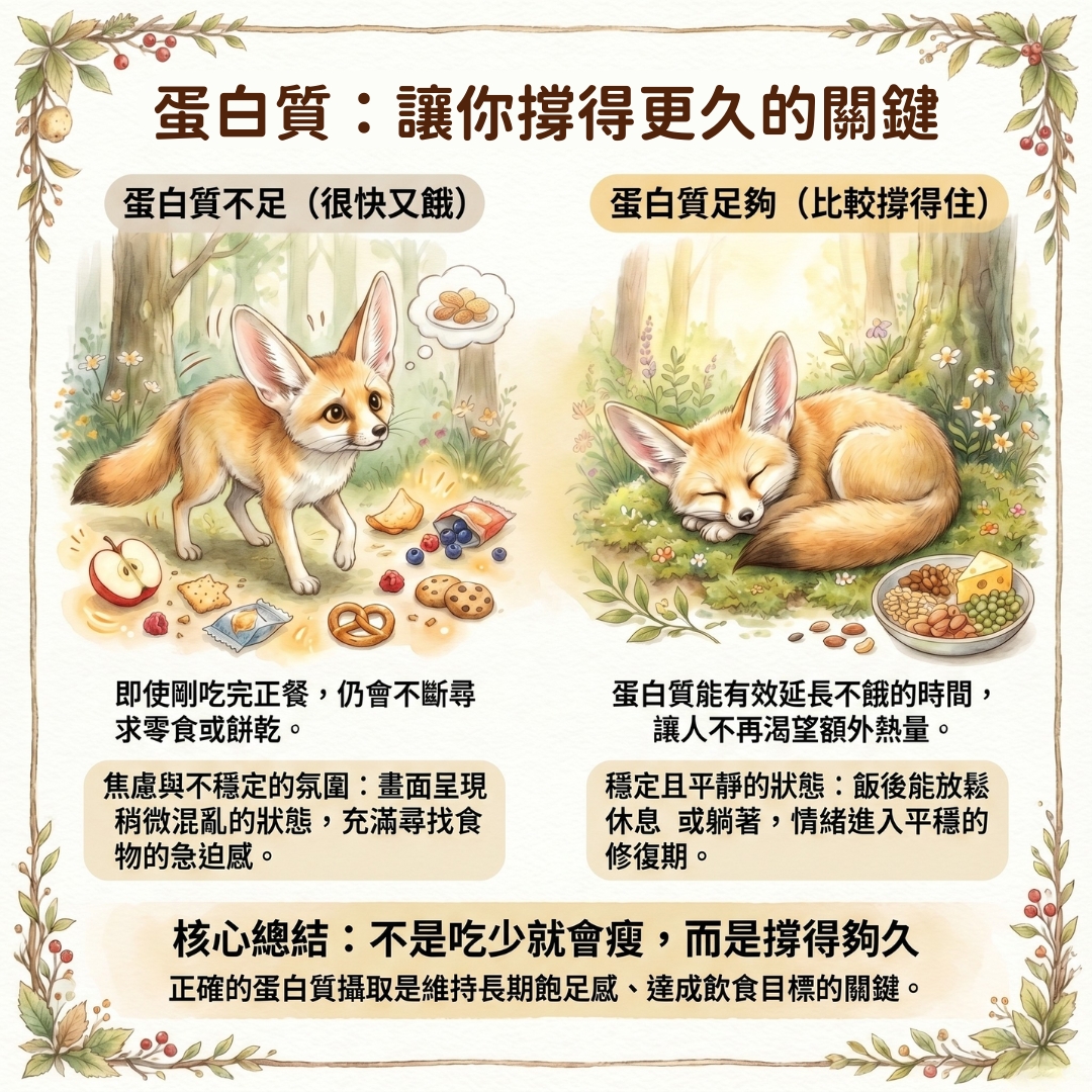 蛋白質不足與蛋白質足夠時，飽足感與進食狀態差異的對比