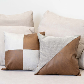 棕灰拼接皮革抱枕(含枕芯)