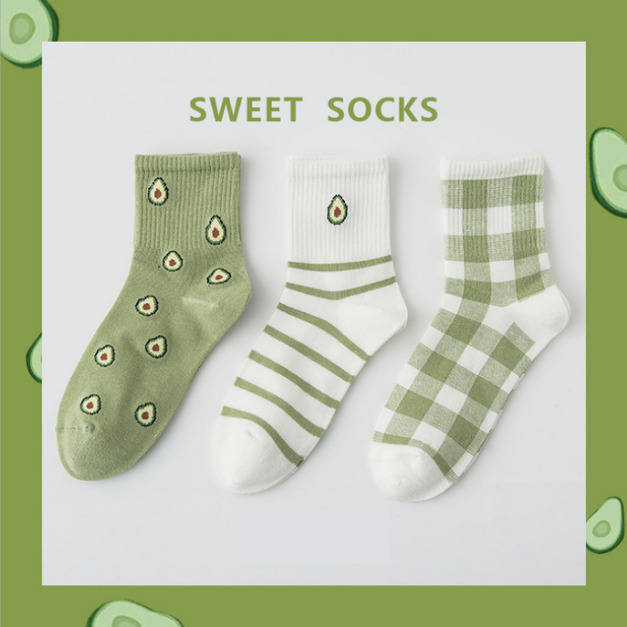 【S094】日系小清新酪梨格紋中筒襪(3雙1組)