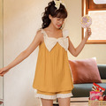 【H065】日系陽光黃蝴蝶結舒適吊帶成套睡衣褲(無袖/短褲)_2