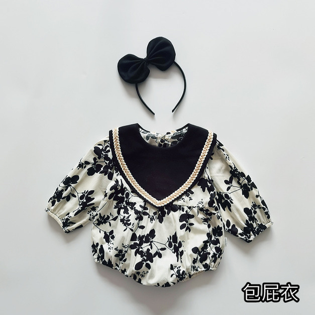【BS011】韓版尖領小碎花長袖包屁衣(送髮帶)(1色)