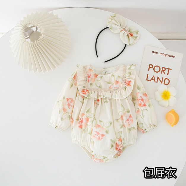 【BSA012】韓版方領水彩玫瑰花長袖包屁衣(送髮帶)(1色)