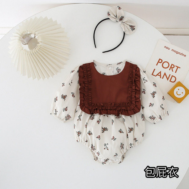 【BSA022】韓版田園風小碎花方領長袖包屁衣(送髮帶)(1色)