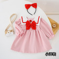 【BS029】韓版小花蝴蝶結水手服長袖包屁衣小洋裝(送髮箍)(1色)_3