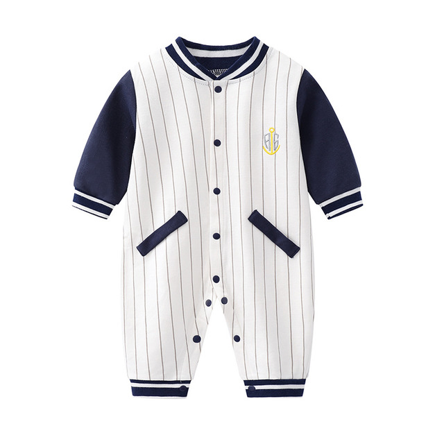 【BB032】日系刺繡船錨直條紋保暖長袖連身衣(1色)