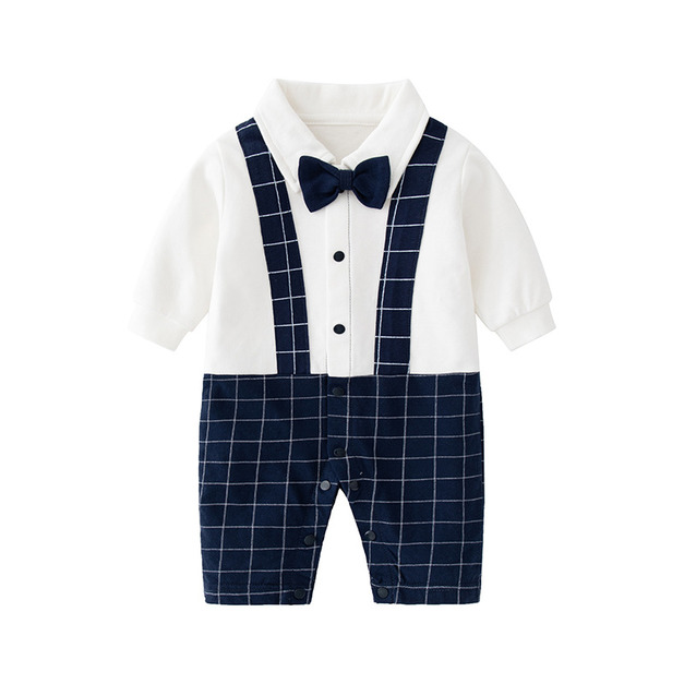 【BB038】英倫風小領結吊帶格紋假兩件保暖長袖連身衣(1色)