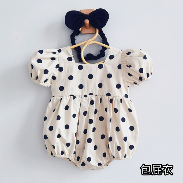 【BSA040】韓版黑色點點短袖包屁衣(送髮帶)(1色)
