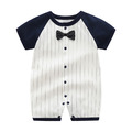 【BB042】日系小領結直條紋短袖連身衣(2色)