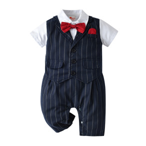 【BB207】英倫風小領結直條紋假兩件短袖連身衣(1色)