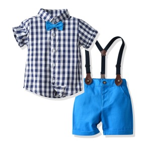 【BB095】韓版撞色小領結格子兩件式吊帶短袖短褲套裝(1色)