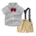 【BB105】韓版紅領結格紋兩件式吊帶短袖短褲套裝(2色)