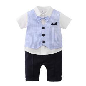 【BB217】英倫風小領結口袋背心假兩件短袖連身衣(1色)