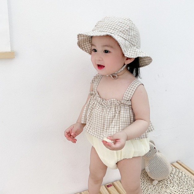 【BA186】韓版小格紋假兩件吊帶無袖澎澎包屁衣(送帽子)(2色)