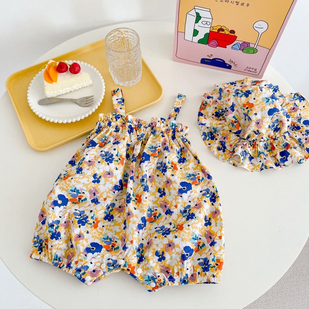 【BA198】韓版繽紛小碎花無袖吊帶連身衣(送遮陽帽)(1色)