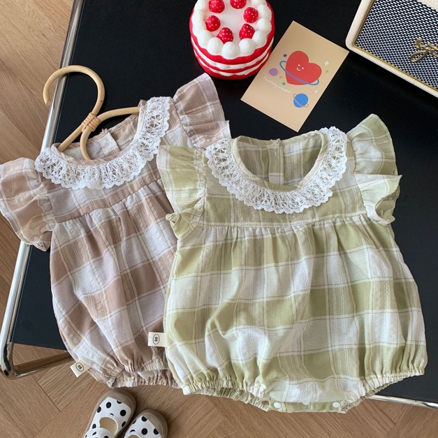 【BA271】韓版花邊領格紋短袖包屁衣(2色)