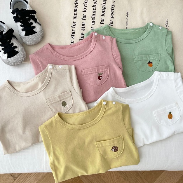 【BA248】韓版口袋刺繡水果動物短袖上衣(5色)