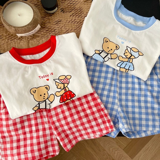 【BA279】韓版兩隻熊格紋兩件式無袖短褲套裝(2色)