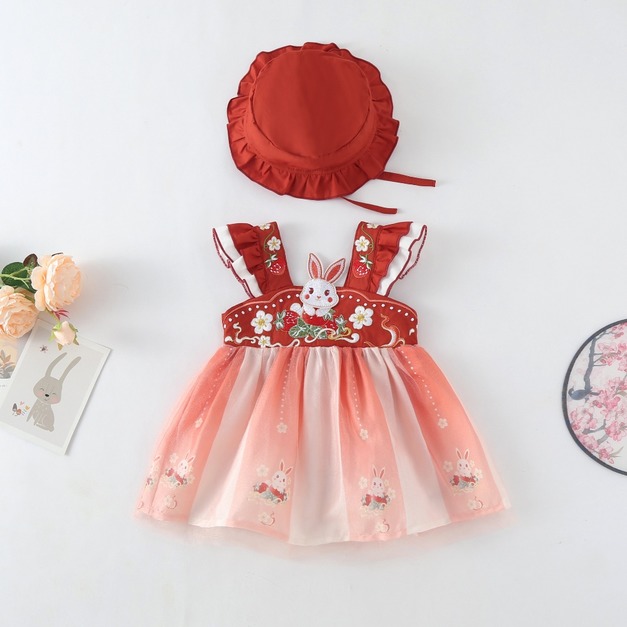 【BA304】中國風刺繡草莓兔無袖小洋裝(送帽子)(1色)